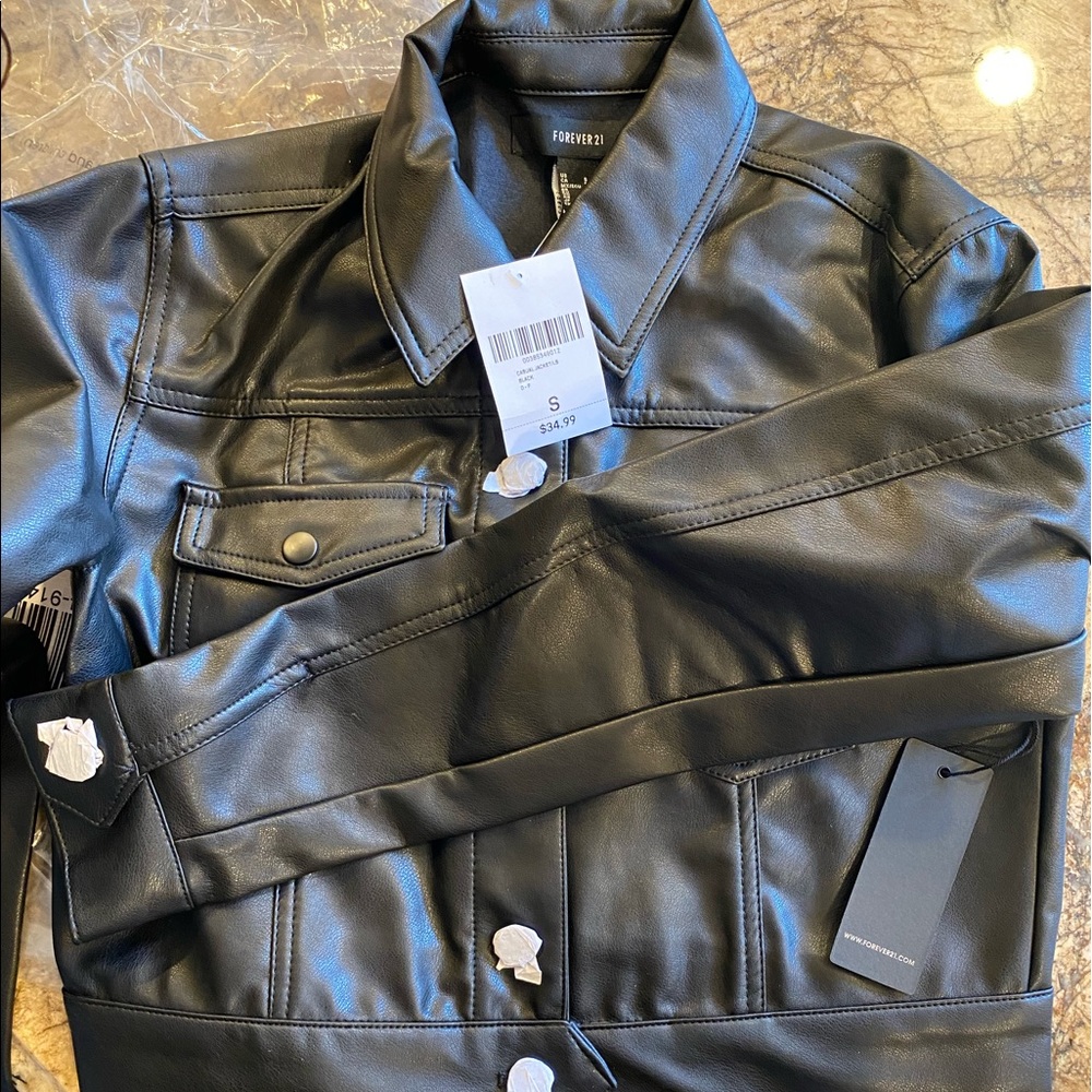 Forever 21 Black Faux Leather Jean Jacket